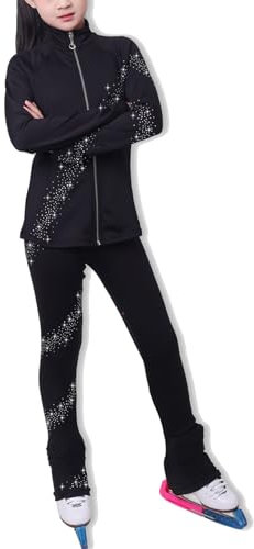 ROLTIN Eiskunstlaufjacke mit Spiralstrass, für Mädchen und Damen, Gymnastikanzug, Eislaufhose, Socken (Größe: L, Farbe: Schwarz)