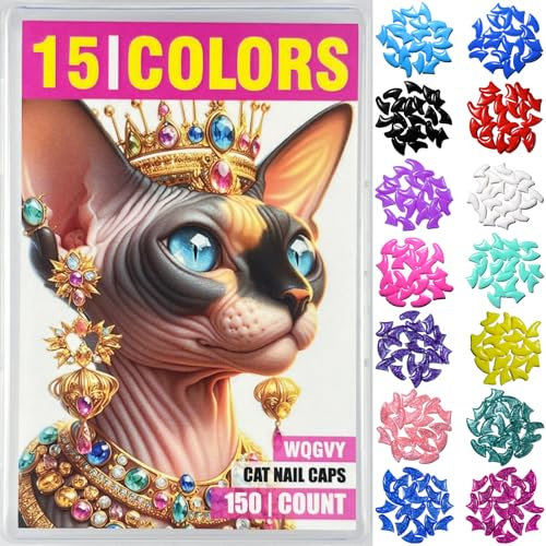 WQGVY 15 Colors / 150 pcs Cat Nail Caps | Cat Claw Covers with Adhesives and Applicators (XS)