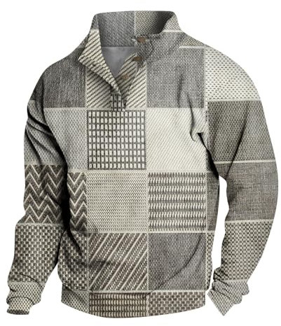 Pullover Herren Winter Stehkragen Mit Knöpfen Sweatshirt Jacke Pullis Vintage Druck T Shirts Männer Top Lässige Y2k Hoodie Casual Sweater Retro Hemdjacke Thermo Oberteil Sweatjacke(1-Khaki,S)