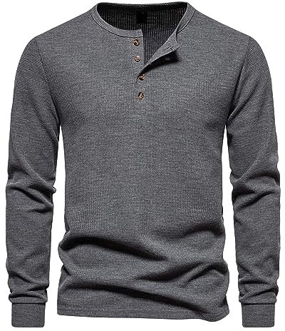MakingDa Henley T Shirt Mens Long Sleeve Slim Fit Waffle Grandad Collar 4 Button Jumper Tops Smart Casual Collarless Shirts-Dark Grey-XL