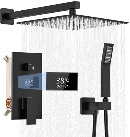 Duschsystem Schwarz Unterputz Duscharmatur Set mit Temperatur LCD Display inkl. 30X30cm Kopfbrause, 200mm Handbrause, Messingkörper, Regendusche Schwarz, 1.5m Brauseschlauch, 37cm Hoche