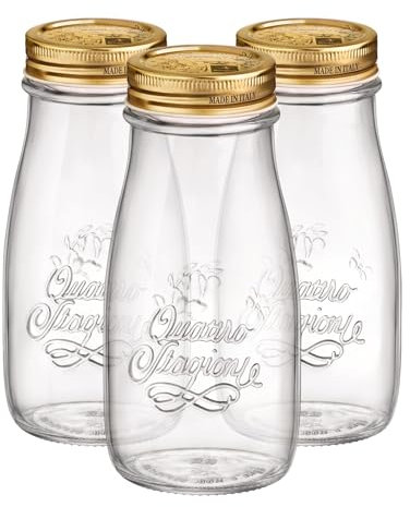 Bormioli Rocco 3X 400ml Quattro Stagioni Glasflaschen mit Schraubdeckel - Klar Wiederverwendbar Saft Wasser Smoothie Getränk Kühlschrank Lagerbehälter