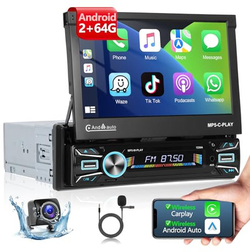 Podofo 2+64G 1 Din Autoradio Wireless A-pple CarPlay e Android Auto Radio, Schermo Touch HD da 7'' Android Radio con GPS/Bluetooth/Mirror Link/SWC/EQ/FM/RDS+Telecamera Posteriore, Mic