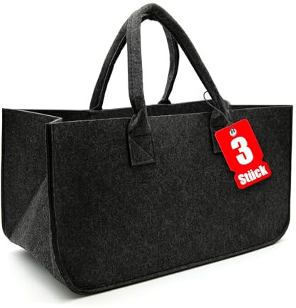 BigDean 3 Stück Filztasche groß in Anthrazit für Kaminholz oder als Shopper verwendbar – Kaminholzkorb im leichten & kompakten Design – faltbarer Holzkorb