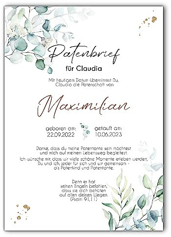 Patenbrief Patentante Patenonkel | Taufgeschenk Patenurkunde Kunstdruck | Taufe Poster | personalisiert | Patenkind | Eukalyptus