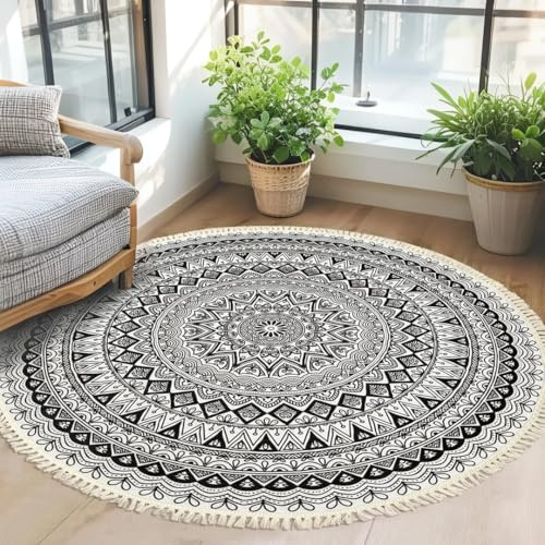 Lacomfy Boho-Teppich, rund, waschbar, für Schlafzimmer, Bauernhaus, 122 cm | Fußmatte mit Blumenmuster, rustikal, rutschfest, für Wohnzimmer, Esszimmer, Bohemian-Blume, Heimdekoration, niedriger Flor