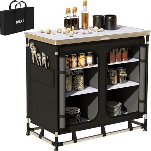 BAKAJI Armario para cocina, mesa de camping, picnic, cocina negra compacta, portátil y plegable con marco de aluminio, bolsa para el transporte y compartimentos interiores (100 x 48 x 84 cm)
