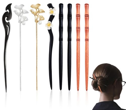 8 Pièces Bâtonnets de Cheveux,Baguettes à Cheveux en Bois,Retro Wooden Hair bâtons cheveux bois baguettes cheveux,épingle à cheveux en bois épingle à cheveux bâtons cheveux pour chignons cheveux longs