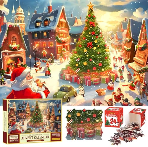 POPOYU Christmas Advent Calendar 2026 Jigsaw Puzzles,27x19inch Xmas Advent Calendar Puzzles 1008 Pieces 24 Days Divided into 24 Boxes,Christmas Puzzles Countdown calendar for Adults Family Gifts