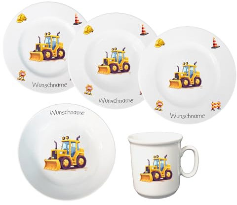 Kindergeschirr personalisiert - Kinderservice 5-tlg. Kinder Service Set aus Porzellan Teller Becher Schale personalisierbar mit Wunschname Name Kindergeschirr mit Namen personalisiert (Radlader)