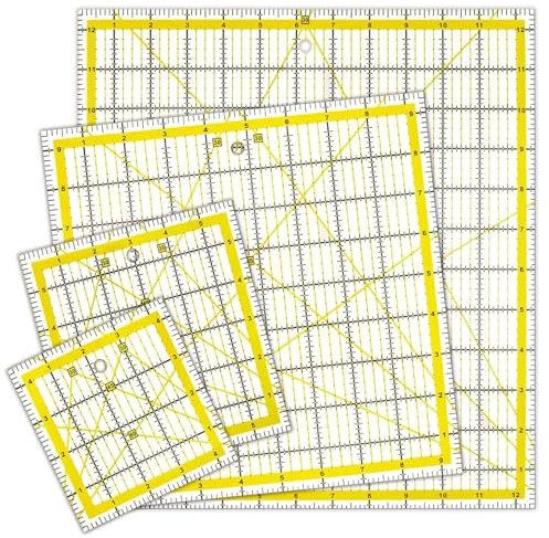 Quilting Templates 4 Pcs Set, 4 Different Size Clear Acrylic Square Quilting Rulers, Fabric Cutting Ruler for Craft Projects Quilting and Sewing (Yellow)