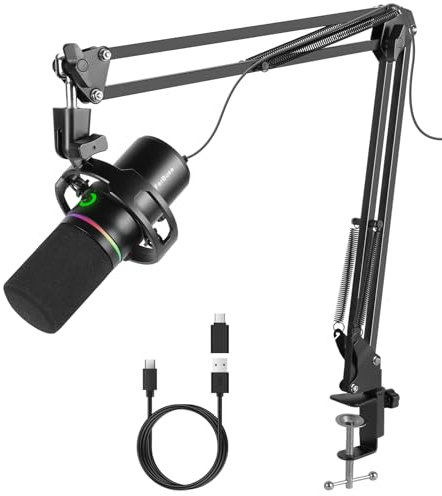 FerBuee XLR USB Dynamic Microphone with RGB Light, Volume Control, Mute Button, 3.5mm Headphone Jack. Compatible with Mixers, Sound Cards, PC, MAC (Microphone with Boom Arm)
