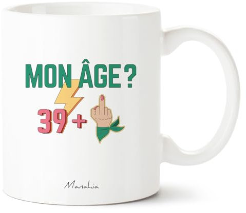 Manahia Mug humoristique - Anniversaire - Mon âge ? 49 + 1 - Doigt d'honneur - mug humour - Tasse cadeau anniversaire original - Boite kraft incluse - Imprimé en France - 330ml (Femme 40 ans)