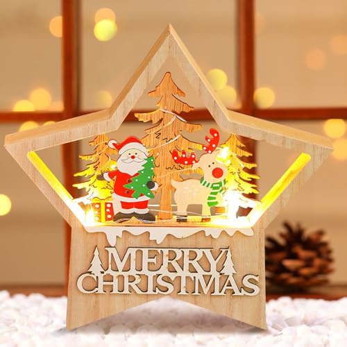 LED Weihnachtsbeleuchtung aus Holz, Weihnachtsdeko Innen LED Holz Stern mit Licht, Weihnachtsdekoration Krippe Weihnachtsmann Elch Beleuchtung, Leuchtende Weihnachtsstern für Weihnachtsdeko Tisch (B)