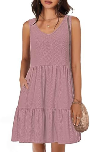 Tanmolo Abito estivo da donna, leggero e arioso, corto, da spiaggia, per vacanze, con scollo a V, senza maniche, rosa antico, S