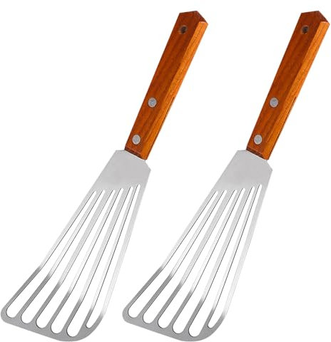 SANTUO 2pcs Stainless Steel Fish Slice Spatula with Solid Wooden Handle eat Resistant Fish Spatula Metal Flexible Slotted Turner for Cooking Fish Egg Pancake Omelette