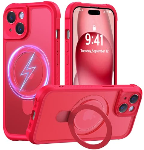 MOCCA Design for iPhone 15 Case with Magnetic Invisible Stand [Full Camera Protection] [Compatible with Magsafe] Military Drop Shockproof Translucent Matte Phone Case Cover 6.1,Red