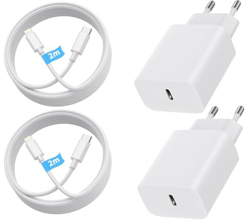 Pack of 2 20 W USB-C Fast Charger + 2 m USB-C to Light-Ning Fast Charging Cable Compatible with iPhone 15/14/13/12 Pro MAX Mini, Sam-Sung Galaxy S23/S22, Air Pods Pro, i-Pad - Compact White Plug