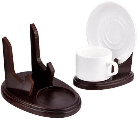 PH PandaHall 2pcs Wood Tea Cup and Saucer Display Stand, Brown Single Cup Display Wooden Saucer Holder Racks Organizer for Kitchen Table Plate Art Decorative, 5.9x3.8x4.4 inch