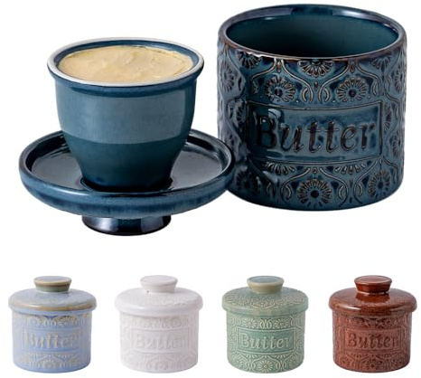 AMIEENOR Beurrier à Eau en Céramique - Beurrier Français pour Beurre Frais et Tartinable Sans Réfrigération - Design Vintage, Cadeau Idéal pour la Cuisine 150g , Bleu Réactif