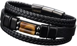 Leomarch Herren Armban |Größenverstellbar dank 1,5cm Verlängerung |Schwarzer Edelstahl Magnetverschluss |Mehrreihig geflochten |Männerschmuck in Geschenkbox (Schwarz | Tigerauge, 21)