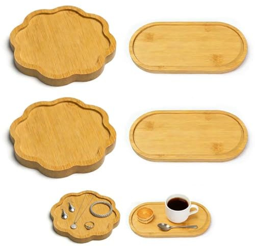 2 Pcs Bamboo Flower-Shaped & 2 Pcs Oval Bamboo Trays – Set of 4 Unfinished Bamboo Display Trays for Soap, Coffee, Bathroom & Desk Organization | Handmade Wooden Tray for Decor & DIY Craft