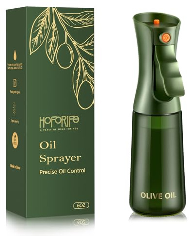 hoforife Glass Olive Oil Sprayer for Cooking (Olive Green 226ml) | Oil Mister, Kitchen Refillable Continuous Oil Spray Bottle for Air Fryer, Portion Control,Leak Proof