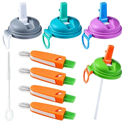 Heropen 4PCS Leak Proof Reusable Soda Can Lids With Straw Accessory Set | Matching cleaning brushes included, spill-proof design, fit standard beer, juice, seltzer, fizzy and energy drink cans