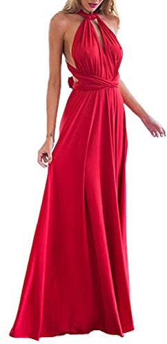 Minetom Donne Elegante Collo V Senza Maniche Halterneck Lunga Vestito Multi-Usura Trasversale Maxi Abito Matrimonio Banchetto Sera Rosso IT 42