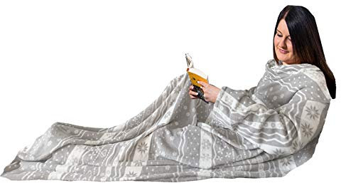 HOMELEVEL Kuscheldecke aus Microfaser mit Ärmeln Ärmeldecke Sofadecke 200cm x 150cm TV Decke Decke mit Armen Grau Norweger Design Wohndecke Decken (Hellgrau Norweger Design)