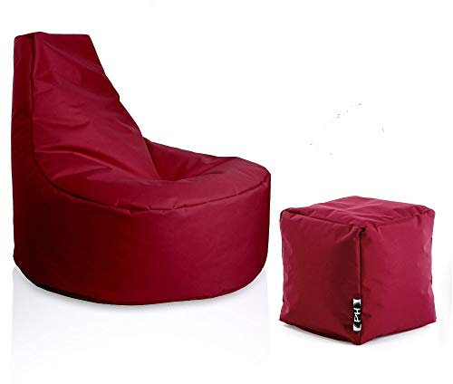 PATCH HOME Gamer Sessel inkl. Würfel Bean Bag Set Ø80cm, 30cm Sitzhöhe, 90cm Höhe + 35x35cm Würfel Weinrot