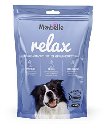 Monbelle Relax Dog Calming Tablets, Natural Anxiety Relief Supplement for Stressed or Nervous Dogs, Supports Healthy Brain Function & Hormone Balance, Vet-Trusted, UK-Made, 60 Tablets