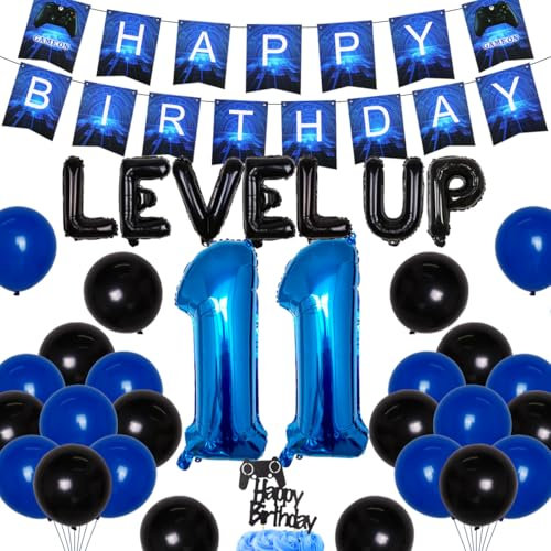JOYMEMO Videospiel 11. Geburtstag Dekorationen für Jungen - Level Party Supplies Alles Gute zum Geburtstag Gaming Banner Kuchen Topper Game Controller Ballons für Videospiel-Themenparty