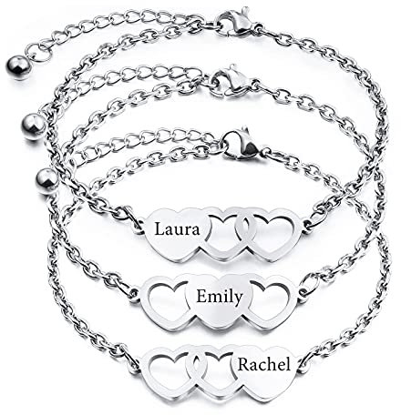 INBLUE 2~3 PCS Personalisierte Herzform Armbänder Set Bester Freund Name Angepasst 1~3 Namen Beste Freundin Geschenke für Frauen Freundschaft BFF Armbänder für 2~3 Schwestern (Silber 3 Stück)