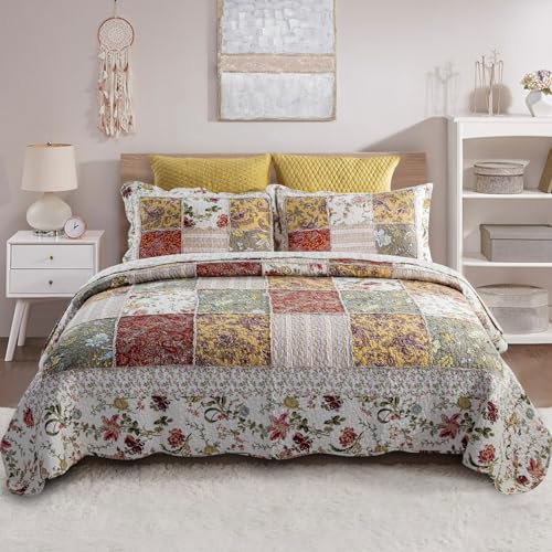 YAYIDAY Patchwork-Steppdecke-Set, Tagesdecke, King-Size-Größe, wendbar, atmungsaktiv, bunt, floral, gesteppt, mit Kissenbezügen, rustikales Bohemian-Muster, ländliches Muster