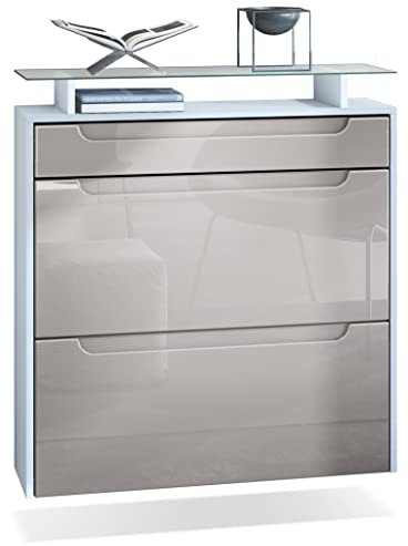 Vladon Schuhschrank Annie, Schuhkipper für 16 Paar Schuhe mit 2 Klappen, 1 Schublade und Glasablage, Weiß matt/Sandgrau Hochglanz, Griffmulden in Sandgrau Hochglanz (89 x 96 x 23 cm)