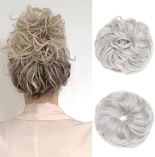 Gairyan Haarteil mit Gummiband Dutt Haarteil Haargummi mit Haaren Pferdeschwanz 40g Lockige Gewellt Messy Hair Scrunchies Kunsthaare Haarverlängerung Hair bun für Frauen(Hellgrau)
