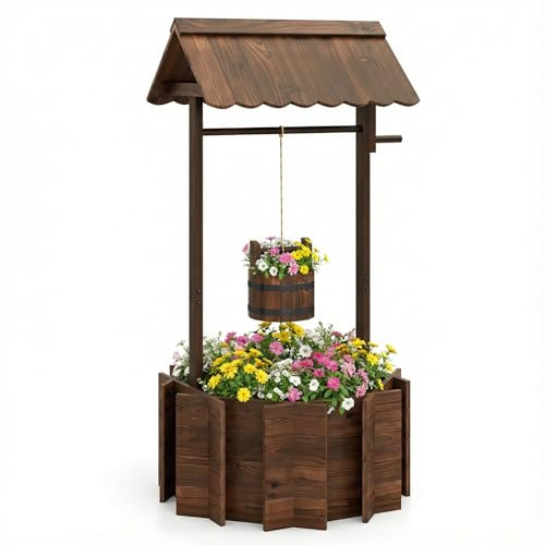 TANGZON Wooden Wishing Well Planter, Fountain Barrel Well Planting Container with Hanging Planter Bucket & Adjustable Rope, Ornamental Flower Pot for Patio Garden Yard (Triangular Roof, 56x56x119cm)