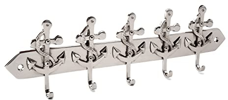 NKlaus Anker-Schlüsselhaken, 5-fach, aus silberfarbenem Messing, 25 x 7 cm | Maritimer Schlüsselhalter, vernickelt, Gewicht 190g