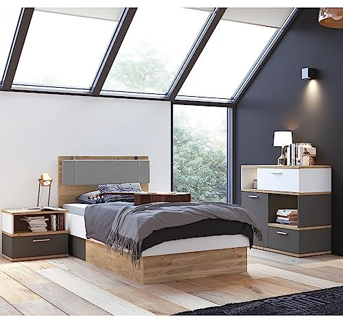 Lomadox Jugendzimmer Set 3-teilig mit Bett 90x200 cm, Nachtschrank, Sideboard mit LED Beleuchtung, Kopfteilpolster hellgrau in Eiche Nb. mit weiß und grau