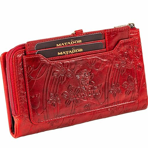 MATADOR Puebla Leder Portemonnaie Damen Mittelgroß | Geldbörse im Hochformat | RFID Geldbeutel mit Edler Geschenkverpackung | Blumen Rot