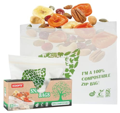100% Compostable Snack Zip Bag ×50| ECO-Friendly Food Storage Bags | Freezer Bag | Plant-Based BPA-free | Seal well for Cookie Chips(1Pack Snack Size)