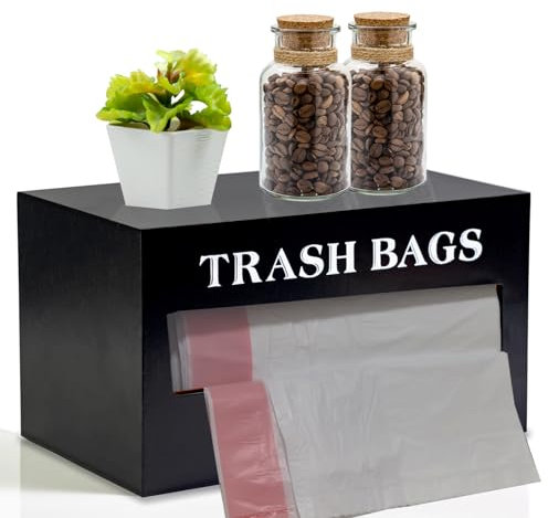 Trash Bag Holder Dispenser Wall Mounted, Wooden Garbage Bags Organizer for Grocery Plastic Bags, Trash Bag Dispenser Roll Holder, Farmhouse Kitchen Decor Suit for Under Sink Cabinet Organizer (Black)