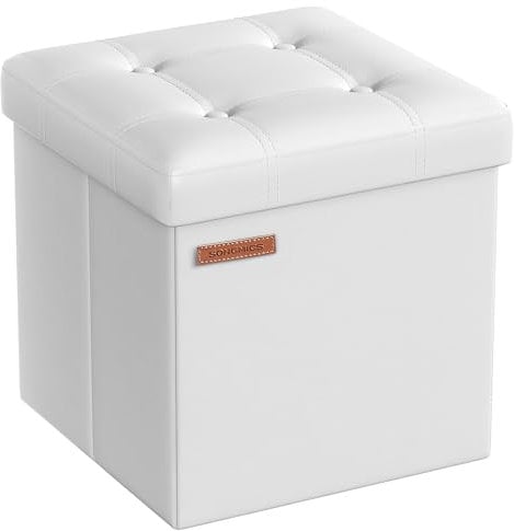 SONGMICS 38 cm Storage Ottoman, Folding Storage Bench with Lid, Cube Footstool, Synthetic Leather, 300 kg Load Capacity, for Entryway, Living Room, Bedroom, Cloud White LSF030W51