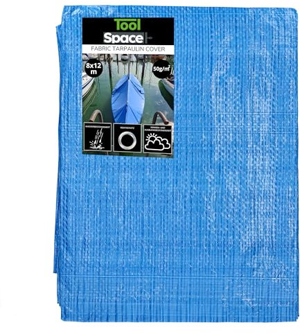 ToolSpace SUPERDICKE Gewebeplane Premium Plane mit Ösen 8x12 m Wetterfest Abdeckplane UV Beständig Tarp Outdoor Garten Wasserdicht Schutzplane Bauplane BLAU 50g/m2 Reißfest Industrieplane Bootplane