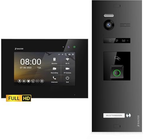 Balter EVO-HD Video Türsprechanlage mit Fingerprint, Video Türklingel, 1 Familienhaus, 1x 7 Zoll Monitore, Türklingel mit Kamera Full HD, 2 Draht Bus, 175° Weitwinkel, RFID,1080P