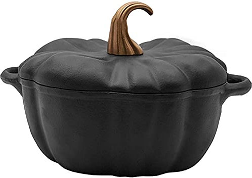 Cocotte en fonte émaillée noire avec couvercle - Petite casserole pour cocotte - Pour cocotte, soupe, cocotte en fonte émaillée en forme de citrouille - Couleur noire