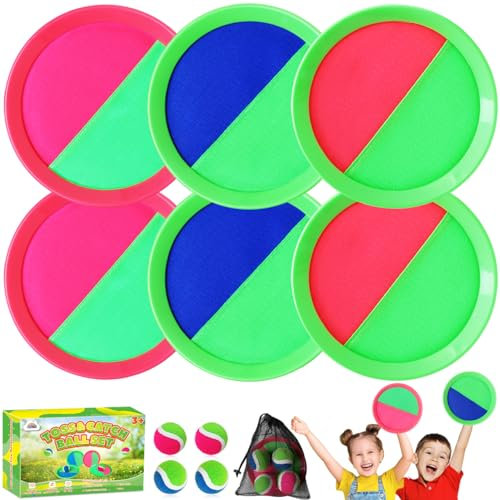 ZMLM Outdoor Toy Toss Catch Ball Outdoor Games, Garden Games, Playground Equipment for Beach, Backyard, Lawn Activities - Kids Ages 3-12 Birthday Gifts with 6 Sticky Paddles & 4 Throw Balls