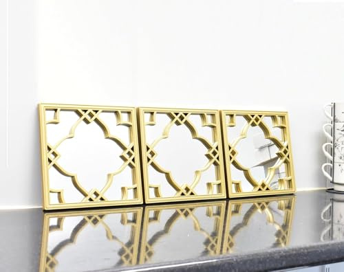 Biznest Set Of 3 Silver Moroccan Tile Mirrors Moroccan Wall Art Hanging Mirror Square For Hanging And Wall Decor Small Sliver Home Accessories Gifts (Gold)