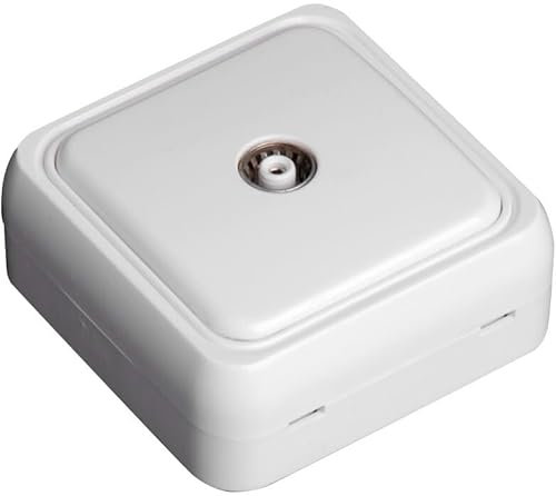 Toma de TV de superficie blanca, compatible con varios dispositivos, ideal para conexiones audiovisuales en el hogar.